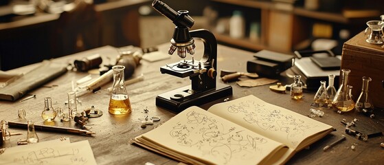 Aufkleber - Vintage Microscope, Beaker, and Notebook with Scientific Drawings on a Wooden Table