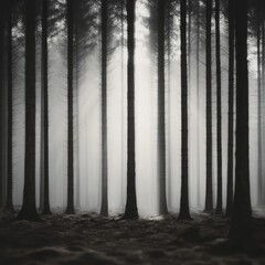 Wall Mural - A mystical forest path with tall trees and fog.