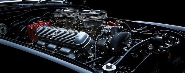 Poster - Close-up View of a Polished Classic Car Engine