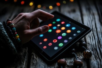 Poster - Hand Interacting with a Tablet Displayed with Colorful Icons