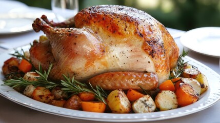 A roasted turkey with golden brown skin and rosemary sprigs is ready for a holiday feast, surrounded by potatoes and carrots.