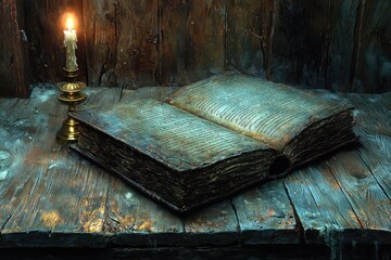 Poster - An Open Ancient Book Illuminated by a Candle on a Wooden Surface