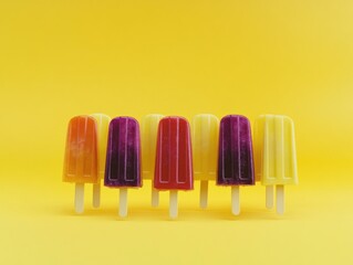 colorful assortment of popsicles on a yellow background.