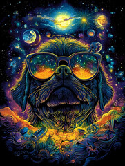 Wall Mural - A whimsical dog in sunglasses surrounded by a vibrant cosmic scene.