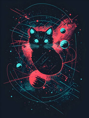 Wall Mural - A stylized cat in a cosmic scene with vibrant colors and celestial elements.