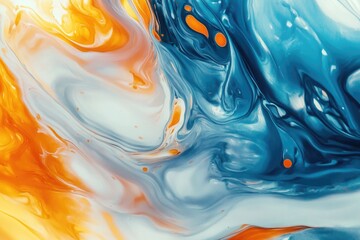 Abstract art with vibrant colors. Blend of blue, yellow and orange paints flowing in an organic style.