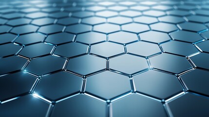 Poster - Close-up view of a sleek, metallic hexagonal pattern with a reflective surface, ideal for technology and design themes.