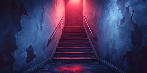 Wall Mural - Glowing Red and Blue Stairwell in Abandoned Building