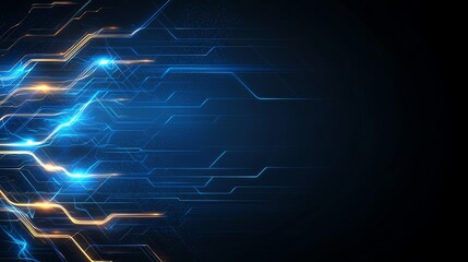 Poster - Dynamic blue streaks of light on a dark background create a sense of motion and energy, perfect for technology themes.