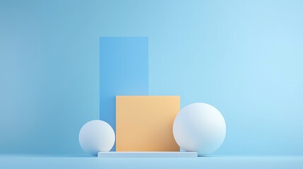 Poster - Abstract composition of geometric shapes in pastel colors against a soft blue backdrop, creating a modern and minimalistic aesthetic.
