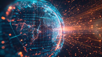 Poster - Futuristic visualization of planet earth rotating in space with light trails and data streams flowing, representing global communication and advanced technology