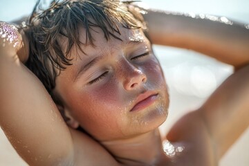 Cute boy relaxing by pool with sun protection on skin.