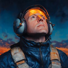 A portrait of a pilot looking up at the sky with a glowing light behind him.