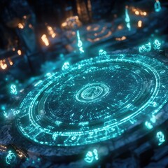 Poster - A mesmerizing glowing circular pattern with intricate designs, creating a mystical and futuristic ambiance.