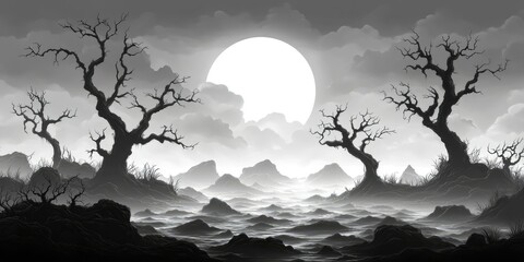 Wall Mural - Silhouetted Dead Trees on a Foggy Shoreline under a Full Moon