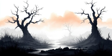 Wall Mural - Silhouetted Trees and River in a Foggy Landscape