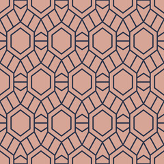 Wall Mural - Art Deco seamless pattern background. Vintage ArtDeco geometric triangle cell pattern featuring blue lines on a mauve background.