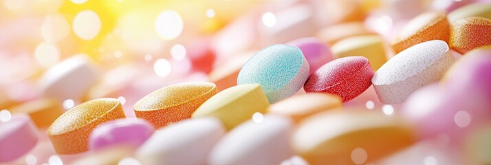 Poster - Colorful Pills Scattered on a Vibrant Abstract Background Showcasing Diversity and Variety