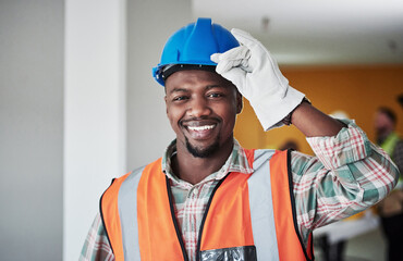 Poster - Man, smile and portrait in construction site as engineer, supervisor or project manager on property. Male person, confident and safety vest for infrastructure, industry or development in architecture