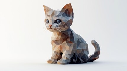 A whimsical low-poly cat model with a minimalist design and geometric shapes against a clean background.