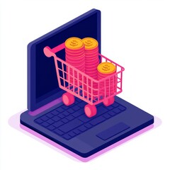 A shopping cart full of gold coins emerging from a laptop screen, representing online shopping and earning money.