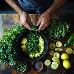 Hands preparing a vibrant salad with leafy greens, avocados, and lemons, showcasing fresh, healthy ingredients