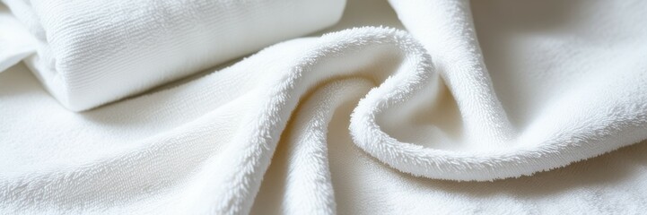 Soft white towels, folded neatly, close-up texture, cotton fabric, fluffy material, clean and fresh, spa atmosphere, minimalist composition, bright lighting, crisp details, serene mood, hygiene concep