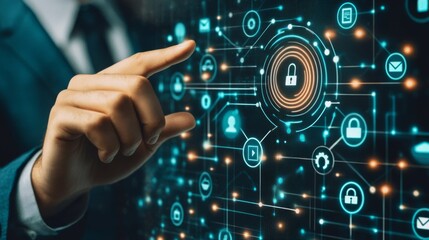 Poster - A highresolution digital screen shows various tech icons covering key topics like network connectivity, cloud storage, and security systems, providing users with insightful information