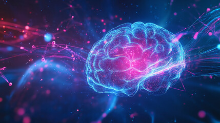 Aufkleber - A digital rendering of a human brain with glowing blue and pink lines