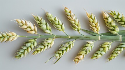 Wall Mural - A close-up of wheat stalks with the grain still in the husk. The green and yellow stalks are arranged on a light gray background.