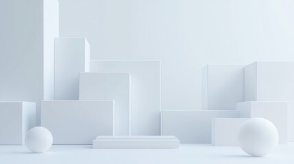 Poster - A minimalistic composition featuring various white geometric shapes, ideal for modern design concepts and backgrounds.