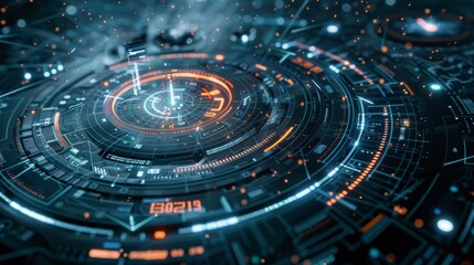 Poster - futuristic hud interface displays rotating data visualization with digital numbers, light particles,
