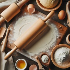 Top view of wooden rolling pin over dough and flour on wooden kitchen table. Homemade bread baking cooking preparation.