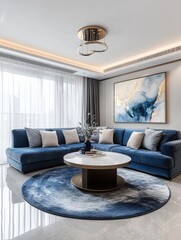 Wall Mural - This stylish living room showcases a vibrant blue sofa, a soft round carpet, and modern decor, embodying contemporary minimalism while ensuring maximum comfort for all who enjoy the space