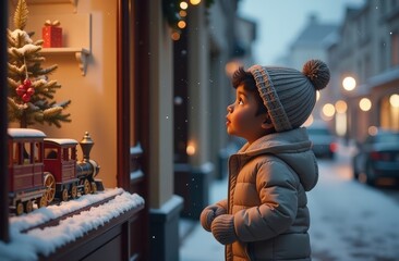 Wall Mural - African American boy with black curly hair looking at toy steam train in Christmas shop window while standing on festive winter street