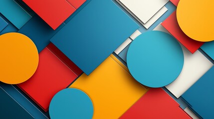 Poster - Vibrant abstract composition of colorful geometric shapes in blue, red, yellow, and orange, creating a dynamic visual appeal.