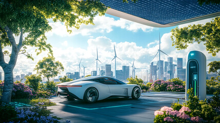 A white electric car charges in a city park with wind turbines in the background