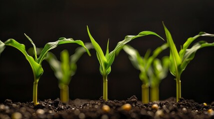 Canvas Print - Close-up of young corn plants sprouting from rich soil, showcasing their vibrant green leaves against a dark background.