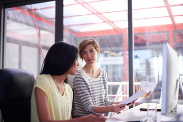 Aufkleber - Business, women and teamwork with documents at office for report, feedback and reviews as data scientist. People, employees and meeting with computer or statistics for market research and revenue