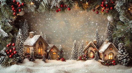 Wall Mural - Cozy Christmas Wonderland whimsical frame Winter village scene with snow and decorations.