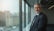 © Yury - Confident Senior Executive with Serious Expression Standing in Modern Office Against City Skyline
