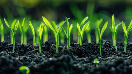 Wall Mural - A close-up shot of young green sprouts breaking through the dark soil, a symbol of new life and growth.