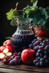 Poster - A still life arrangement featuring a pitcher of red wine, grapes, and apples