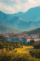 Poster - A view of a town with mountains in the background, ideal for use in travel and landscape photography projects