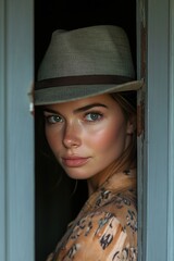 Aufkleber - A person wearing a hat and coat stands in front of an open door, gazing out into the distance