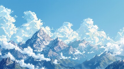Poster - A scenic view of a mountain range with white clouds in the clear blue sky, suitable for use as a background or landscape image