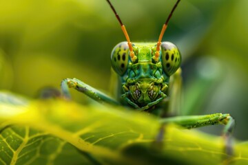 Poster - A close-up shot of a grasshopper sitting on a leaf, great for insect or nature-themed illustrations