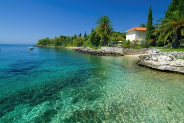 Aufkleber - Calm ocean waves lap at the shore, surrounded by palm trees and a serene beach atmosphere