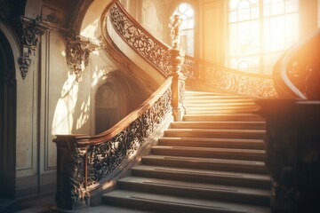 Poster - A staircase in a building with sunlight shining through the window, great for interior design or architecture projects