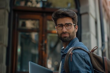 Aufkleber - A person carrying a backpack and holding a laptop, suitable for travel or work-related images